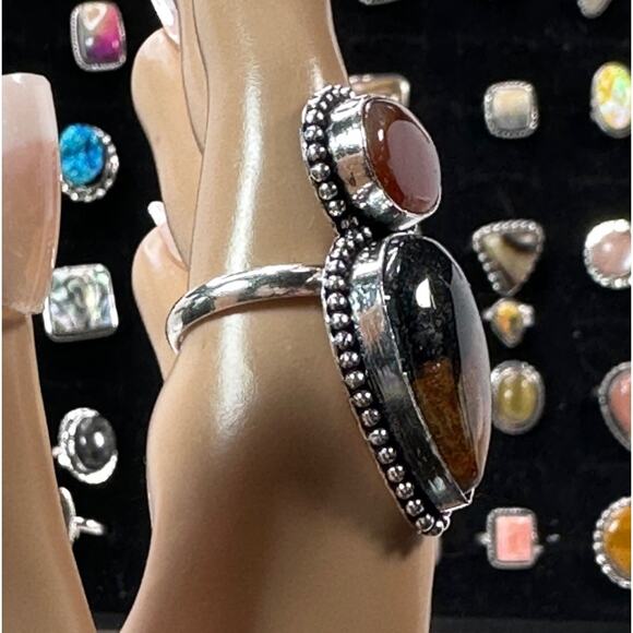 💕 Large Jasper and carnelian double gemstone silver plated ring size 9 - Picture 3 of 5